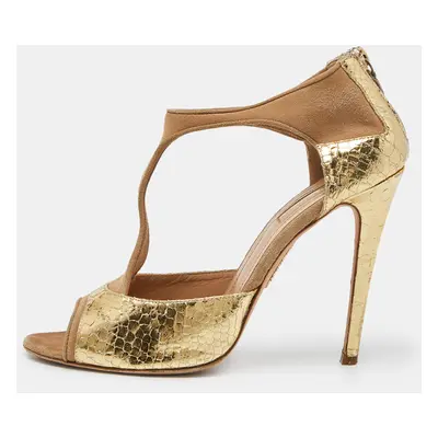 Aquazzura Beige/Gold Suede and Snakeskin Embossed Leather Pumps Size