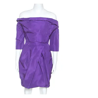 Vera Wang Purple Silk Crystal Embellished Off Shoulder Dress