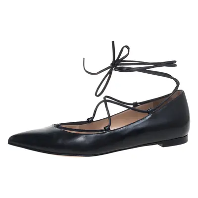 Gianvito Rossi Black Leather Femi Ankle Wrap Pointed Toe Flats Size