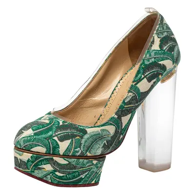 Charlotte Olympia Green Leaves Printed Canvas And PVC Mabel Platform Pumps Size