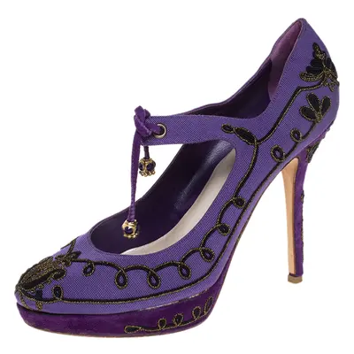 Dior Purple Embroidered Canvas Tie Platform Pumps Size