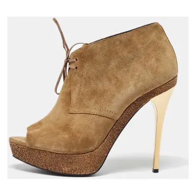 Burberry Brown Suede Peep Toe Cork Platform Booties Size