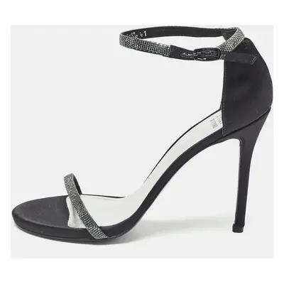 Stuart Weitzman Black Satin Crystal Embellished Ankle Strap Sandals Size