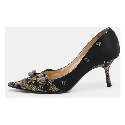 Jimmy Choo Black Printed Satin Pointed Toe Pumps Size