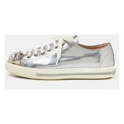 Miu Miu Silver Patent Leather Crystal Embellished Cap-Toe Low-Top Sneakers Size 38.5