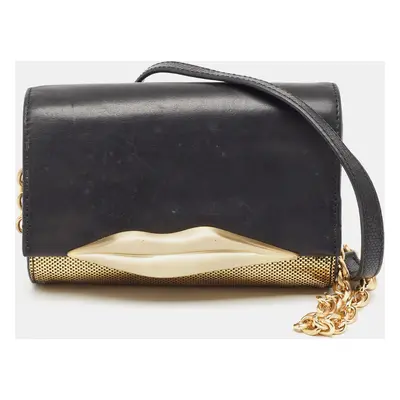 Diane Von Furstenberg Black/Gold Lizard Embossed and Leather Carolina Lips Clutch Bag