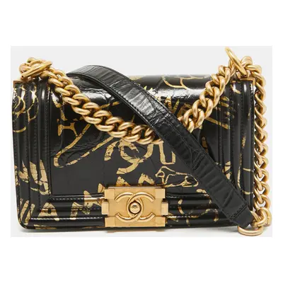 Chanel Black/Gold Croc Embossed Leather Graffiti Small Boy Bag