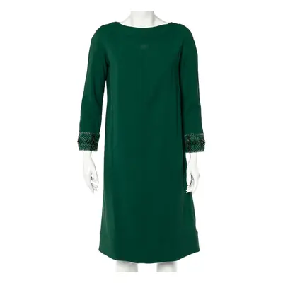 Valentino Green Crepe Embellished Sleeve Cape Detail Shift Dress