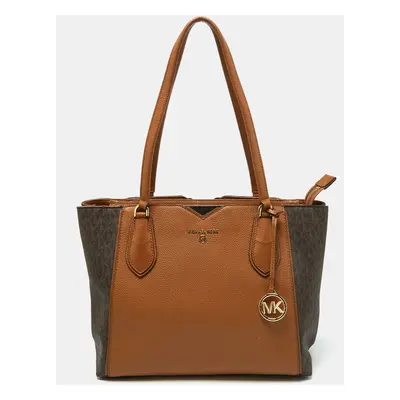 Michael Kors Brown/Tan Signature Coated Canvas and Leather Mae Tote