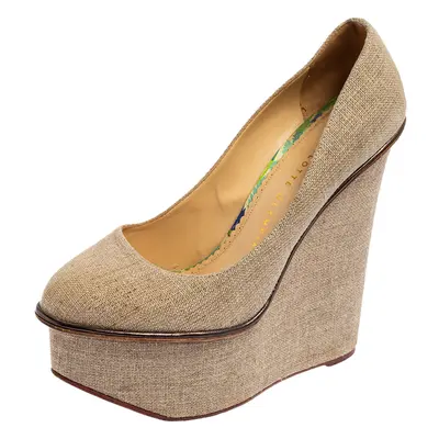 Charlotte Olympia Dark Beige Canvas Carmen Wedge Pumps Size