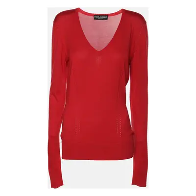 Dolce & Gabbana Red Silk Knit V Neck Full Sleeve Top