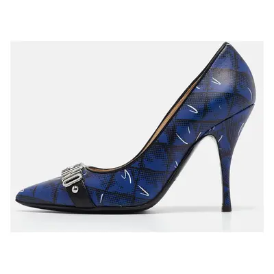 Moschino Blue Printed Leather Logo Buckle Pointed Toe Pumps Size