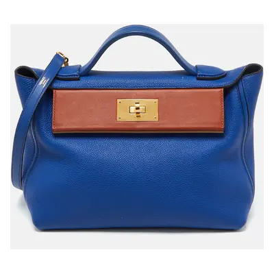 Hermes Blue Royal/Tabac Camel/Fauve Evercolor and Swift Leather Gold Finish 24/24 Bag