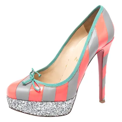 Christian Louboutin Fluorescent Pink/Grey Striped Leather Foraine Glitter Platform Pumps Size 37