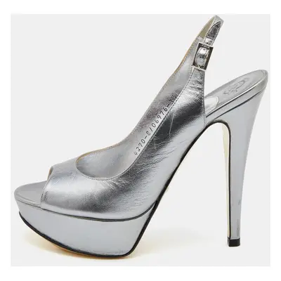 Gina Metallic Grey Leather Open Toe Platform Slingback Pumps Size 36.5