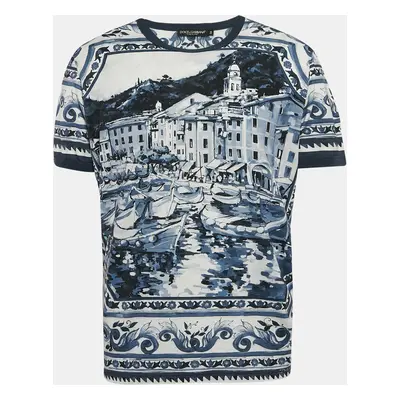 Dolce & Gabbana Blue Ceramic Print Jersey Crew Neck T-Shirt