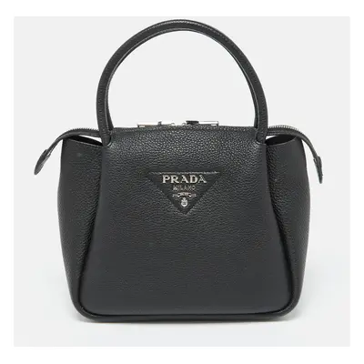 Prada Black Vitello Leather Daino Top Zip Satchel