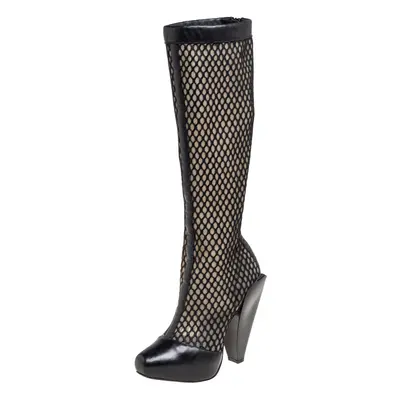 Versace Black Leather And Mesh Pointed Toe Knee Length Boots Size