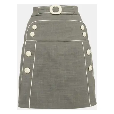 Elisabetta Franchi Grey Wool Blend Button Detail Mini Skirt