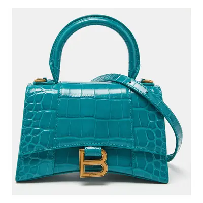 Balenciaga Green Croc Embossed Leather Hourglass Top Handle Bag