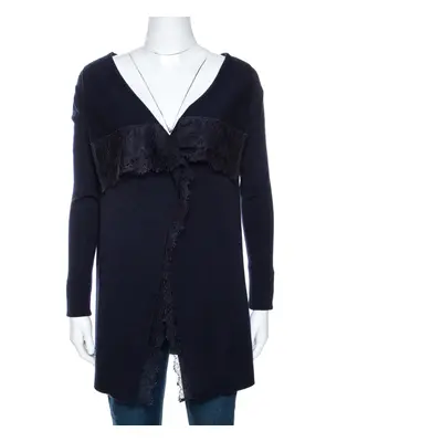 Valentino Navy Blue Knit Lace Trim Waterfall Front Cardigan