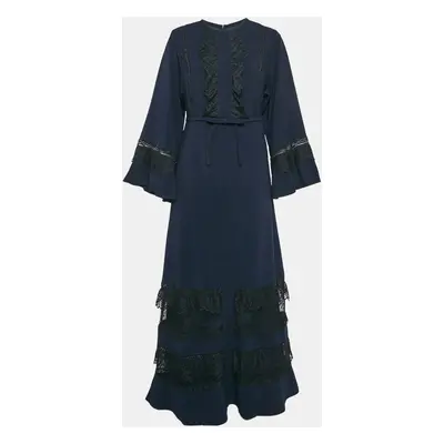 Self-Portrait Navy Blue Crepe Lace Trimmed Maxi Dress