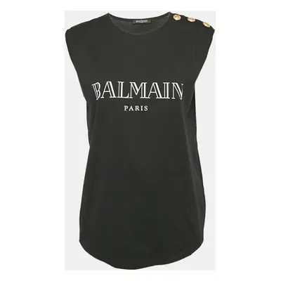 Balmain Black Logo Print Jersey Button Detail Tank Top