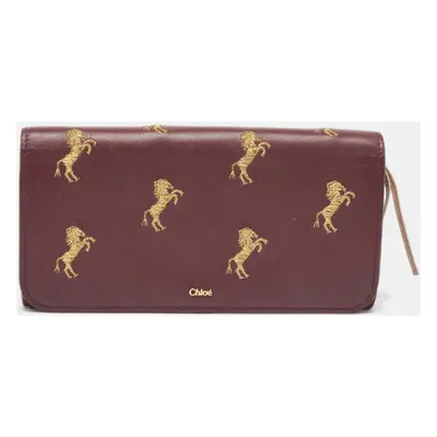 Chloe Burgundy Leather Horse Embroidered Flap Continental Wallet