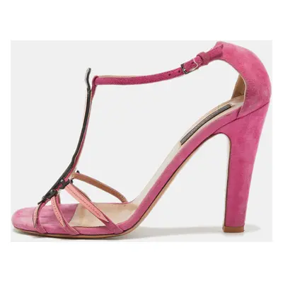 Valentino Pink Suede and Patent Leather Love Blade T-Strap Sandals Size