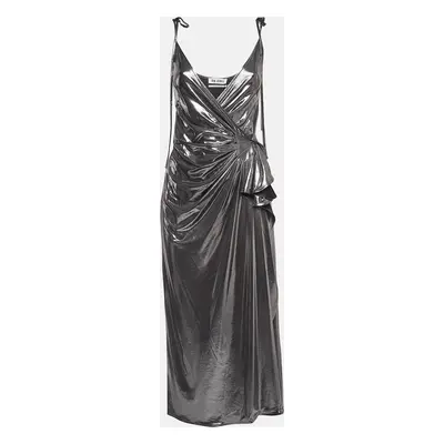 The Attico Metallic Silver Lamé Fan Detail Long Dress