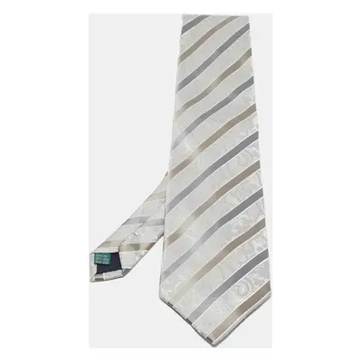 Valentino Vintage Grey Striped Paisley Pattern Jacquard Silk Tie