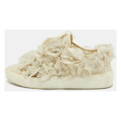 Chanel Cream Lace and Mesh Camelia Lace Up Sneakers Size