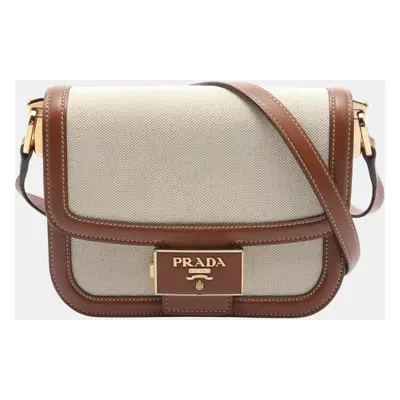 Prada Canvas Leather Beige Brown Shoulder Bag