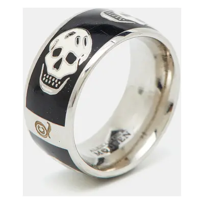 Alexander McQueen Silver Tone Black Enamel Skull Ring Size