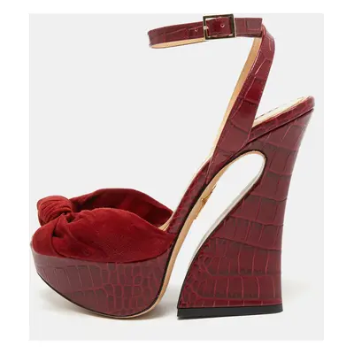 Charlotte Olympia Burgundy Croc Embossed Leather and Suede Ankle Strap Sandals Size