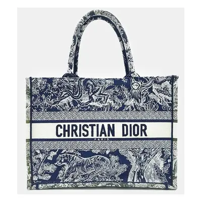 Christian Dior Ecru/Navy Embroidered Canvas Medium Book Tote Bag