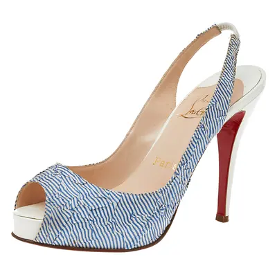 Christian Louboutin White/Blue Striped Fabric Prive Peep Toe Slingback Sandals Size