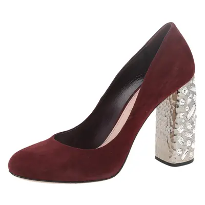 Miu Miu Burgundy Suede Crystal Embellished Block Heel Pumps Size 40.5