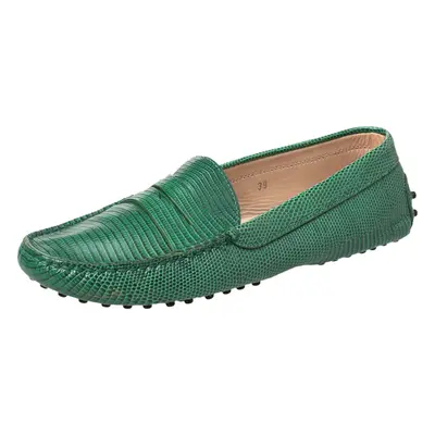 Tod's Green Lizard Embossed Leather Penny Slip On Loafers Size