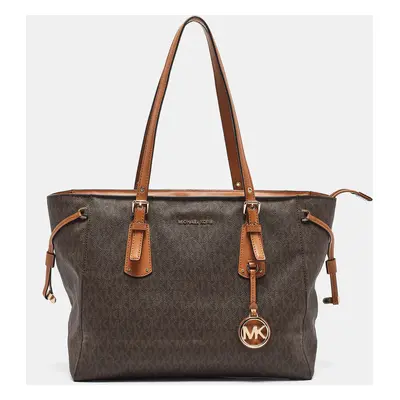 Michael Kors Brown Signature Coated Canvas and Leather Voyager Shopper Tote