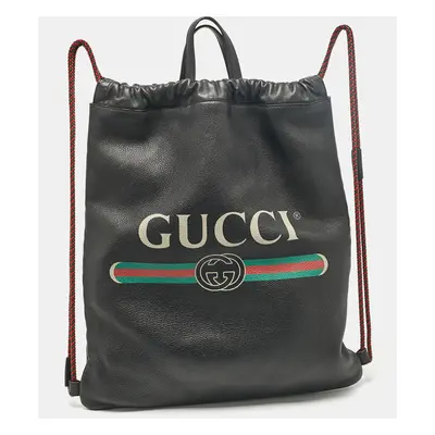 Gucci Black Leather Logo Drawstring Backpack