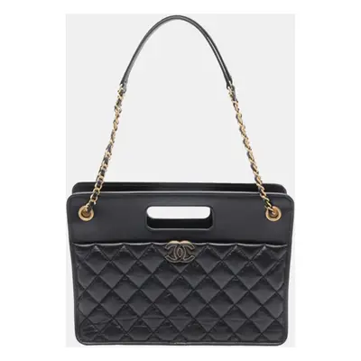 Chanel Black Aged Calfskin Leather CC Quilted Shopping Tote Bag