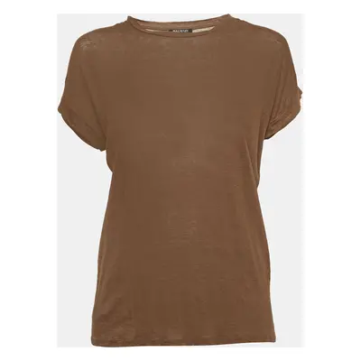 Balmain Brown Stretch Linen Jersey Rolled Sleeve T-Shirt