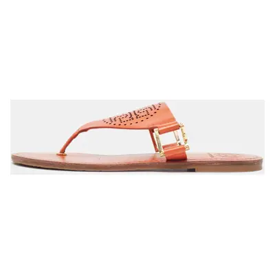 Tory Burch Orange Perforated Leather Thong Sandals Size 38.5