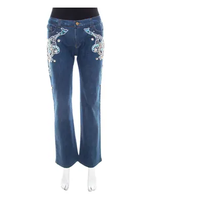 Roberto Cavalli Blue Crystal Embellished Denim Wide Leg Jeans