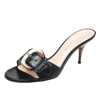 CasadeI Black Leather Buckle Detail Slide Sandals Size 37.5