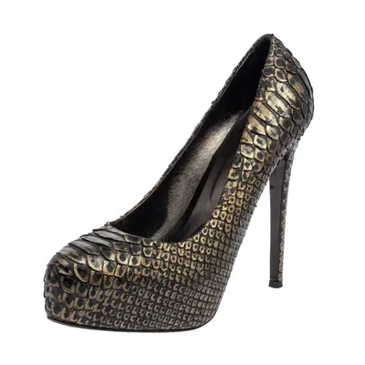 Le Silla Dark Green/Gold Python Leather Platform Pumps Size