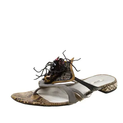 Miu Miu Multicolor Python Leather And Suede Spider Embellished Flat Sandals Size