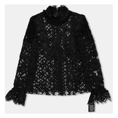 Anna Sui Black Lace Ruffle Trimmed Long Sleeve Blouse