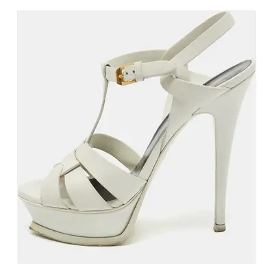 Saint Laurent White Leather Tribute Ankle Strap Sandals Size